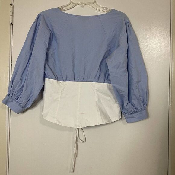 1.STATE blue pinstripe corset cinched long sleeve blouse top size Medium - Picture 4 of 7